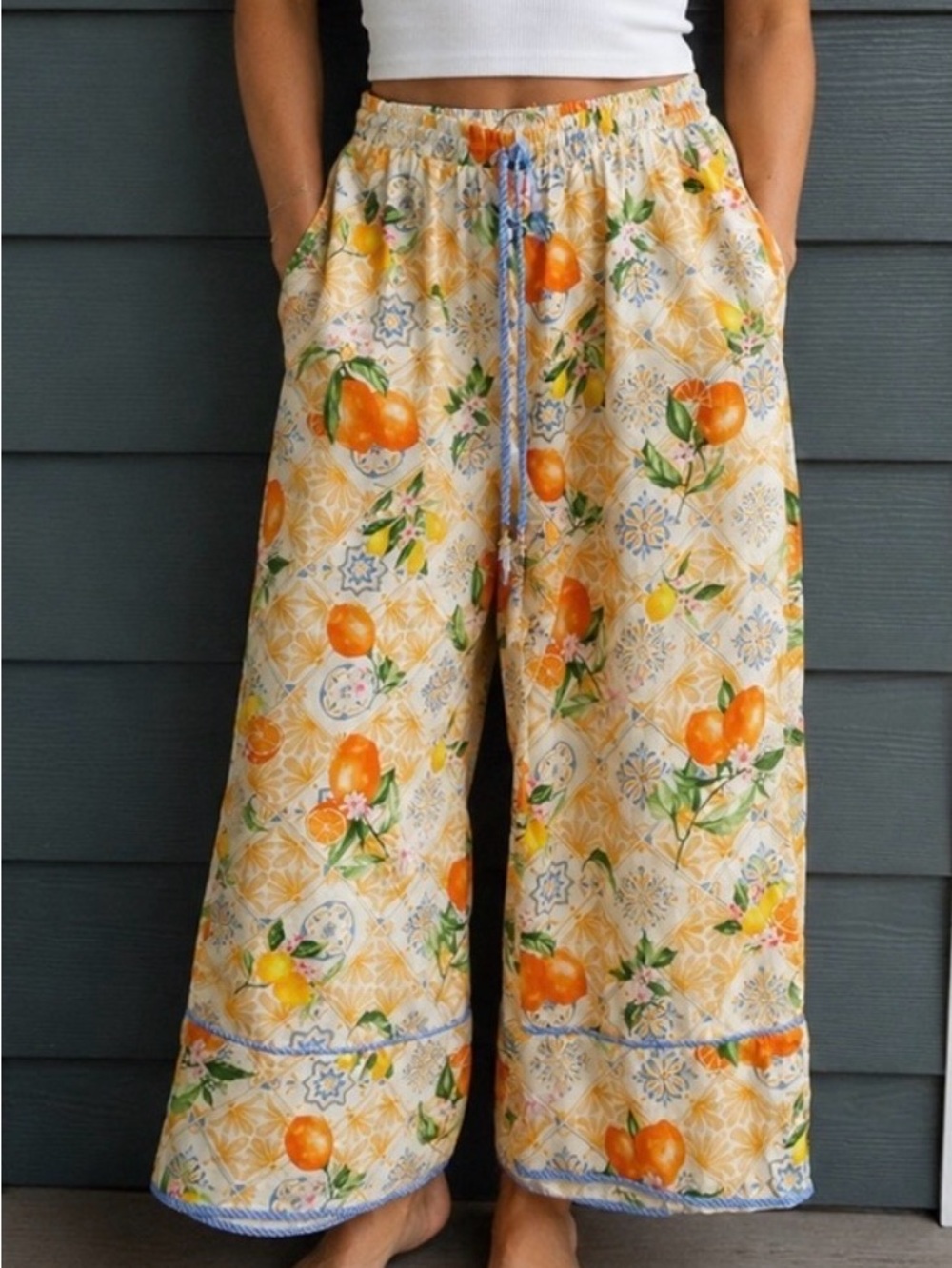 Easel Los Angeles Lemon/Oranges Wide Leg Lounge Pants